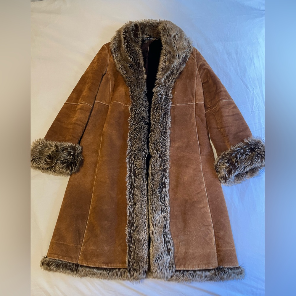 Wilsons Leather Brown Suede Jacket with Faux Fur Trim and fully faux fur lined